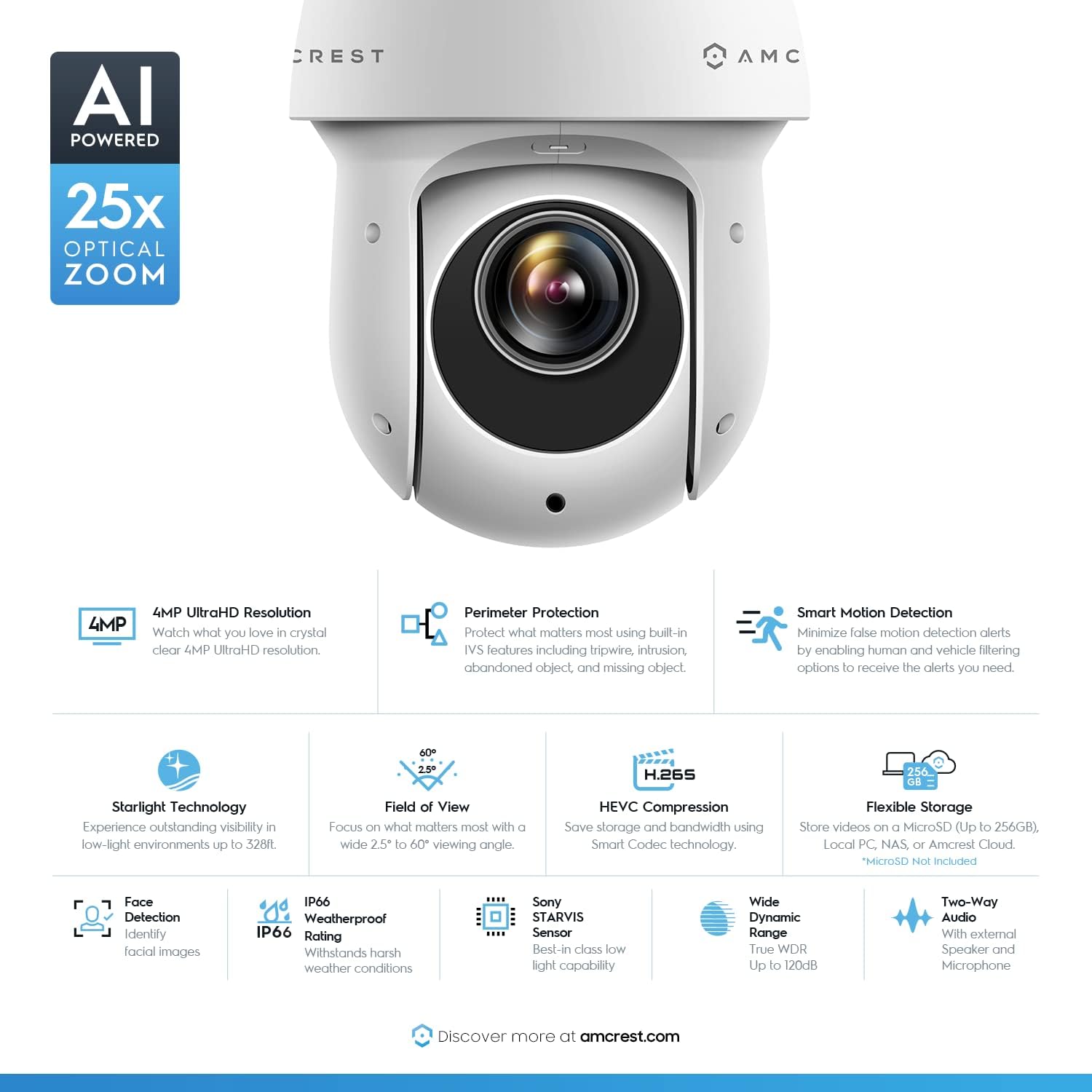 Amcrest 4MP Outdoor PTZ POE + AI IP Camera Pan Tilt Zoom (Optical 25x Motorized) Security Speed Dome, People and Vehicle Detection AI, Face Detection