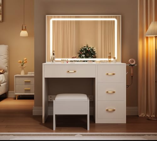 YITAHOME Vanity Desk Set with Large 35" LED Mirror and Lights, Makeup Table with 4 Drawers & Stool, 2 AC Outlets and 2 USB Ports, Adjustable Lighting
