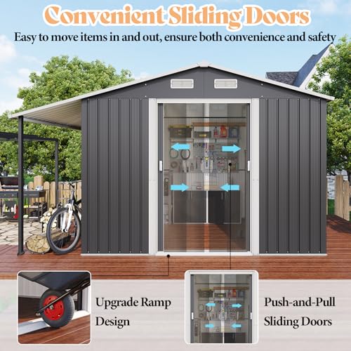 AMERLIFE 10.6x10.3x6.3 FT Metal Storage Shed with Sliding Doors Two 4-Pane Windows, Open Outdoor Shed for Wood Storage, Dark Grey/White