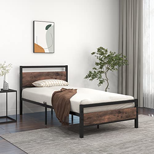 JURMERRY Queen Size Metal Platform Bed Frame with Wooden Headboard and Footboard Heavy Duty Steel Support, Mattress Foundation, No Box Spring Needed