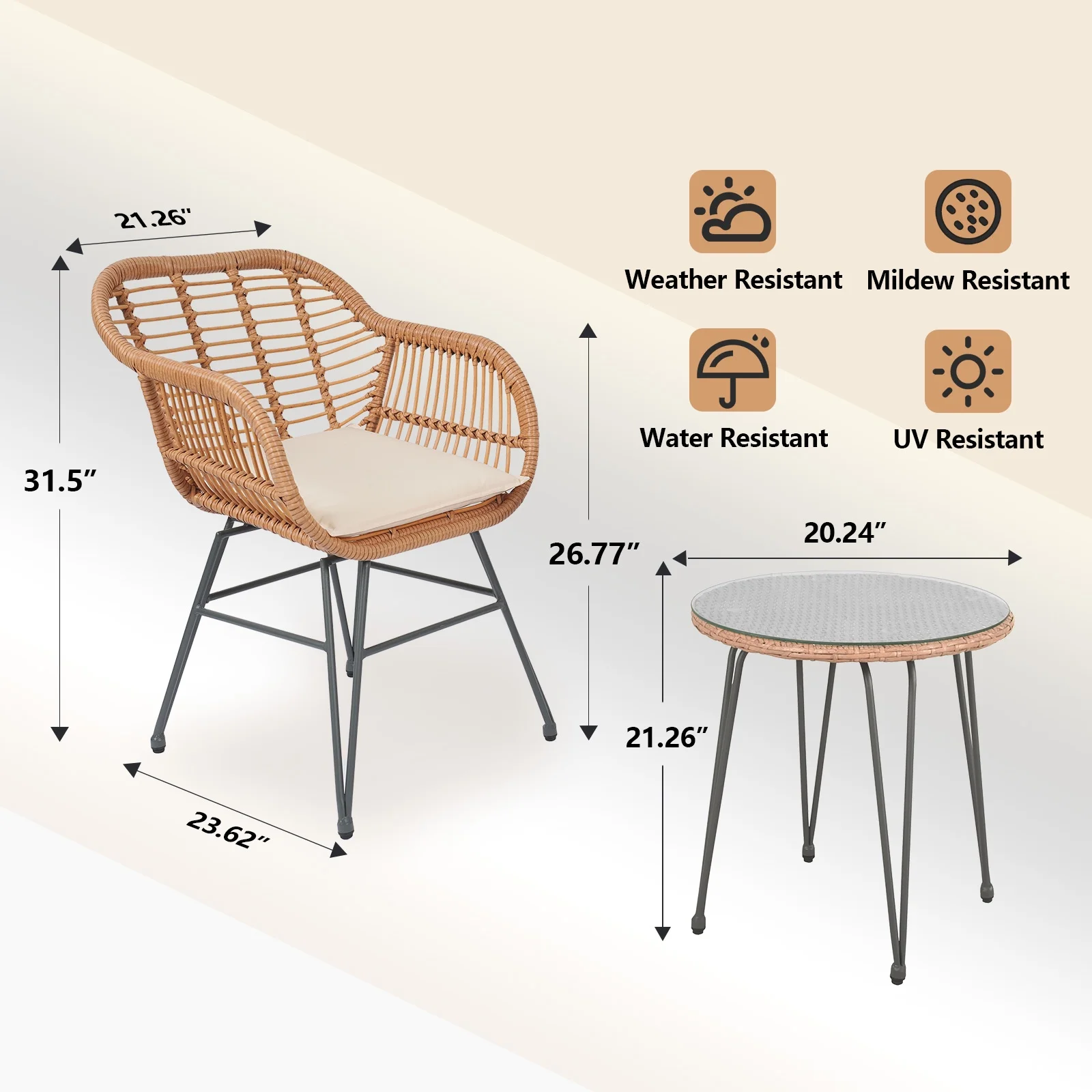 Tappio 3 Piece Outdoor Wicker Furniture Patio Bistro Set, PE Rattan Wicker Chairs Set with Table and Cushions