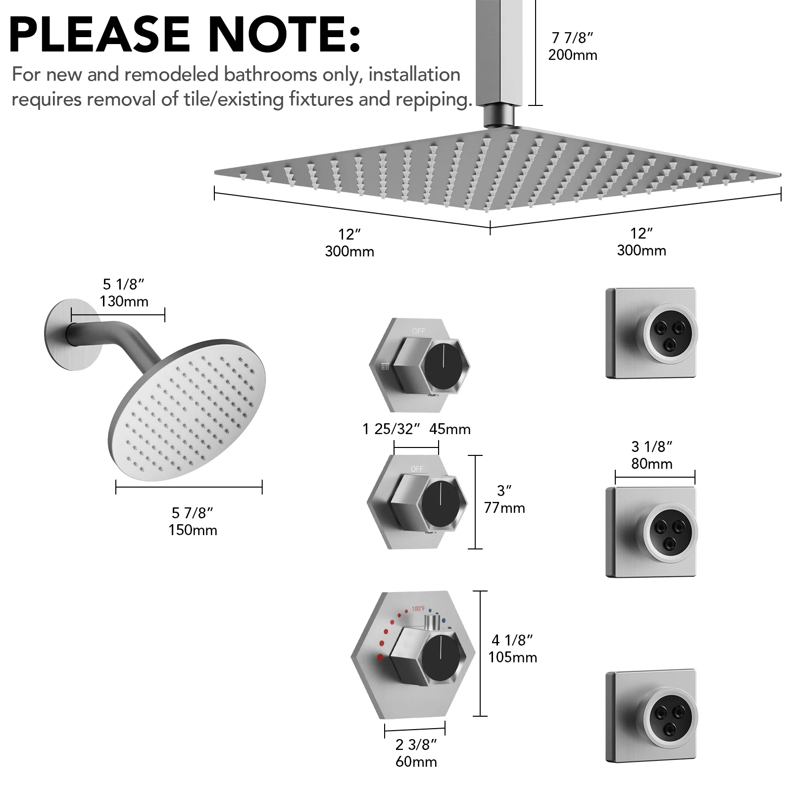 EVERSTEIN Dual Heads Thermostatic Shower Faucet Set 12" Rainfall & High Pressure 6" Fixture Shower System with Rough-in Valve Side Jets Spray Brushed