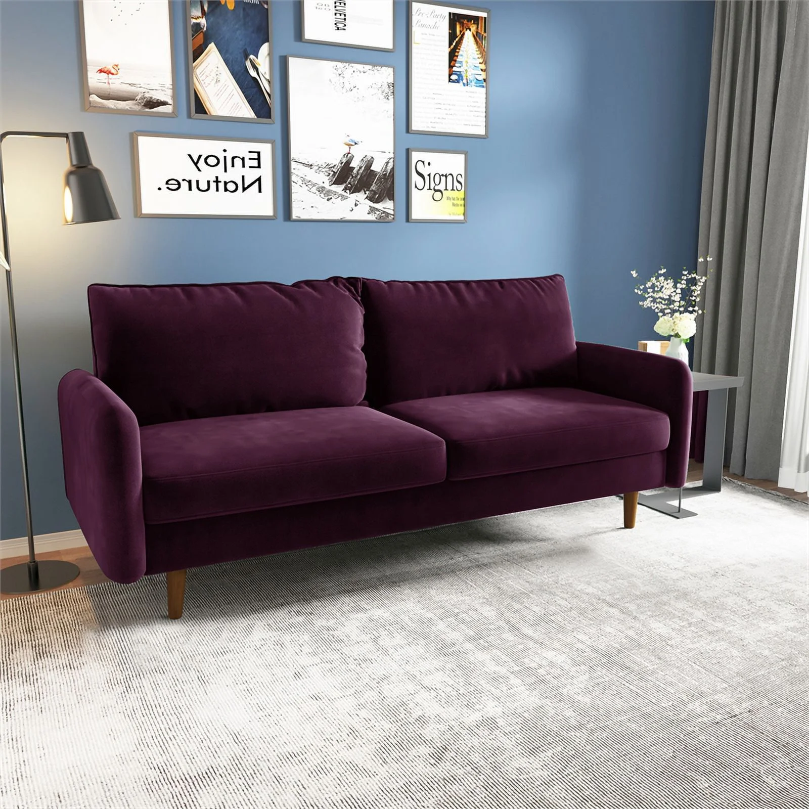 Pemberly Row Contemporary 70" Upholstered Velvet Sofa in Purple