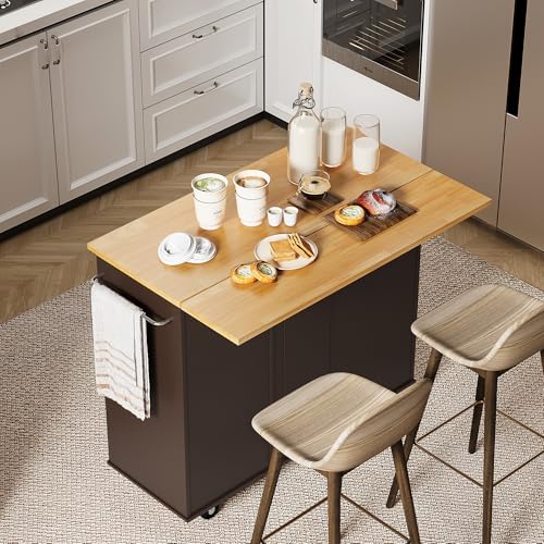 Shintenchi Rolling Kitchen Island Cart with Folding Drop Leaf Breakfast Bar, Portable Trolley Island with Large Storage Cabinet, Shelf and Drawer