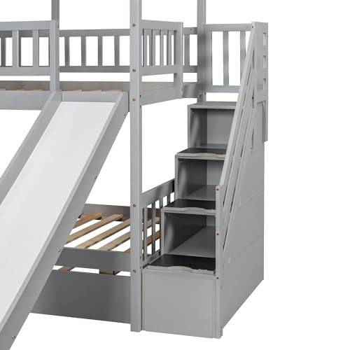 Kids Twin Over Twin Bunk Beds with Slide and Trundle, Solid Wood Bunk Bed Frame with Stairs and Storage