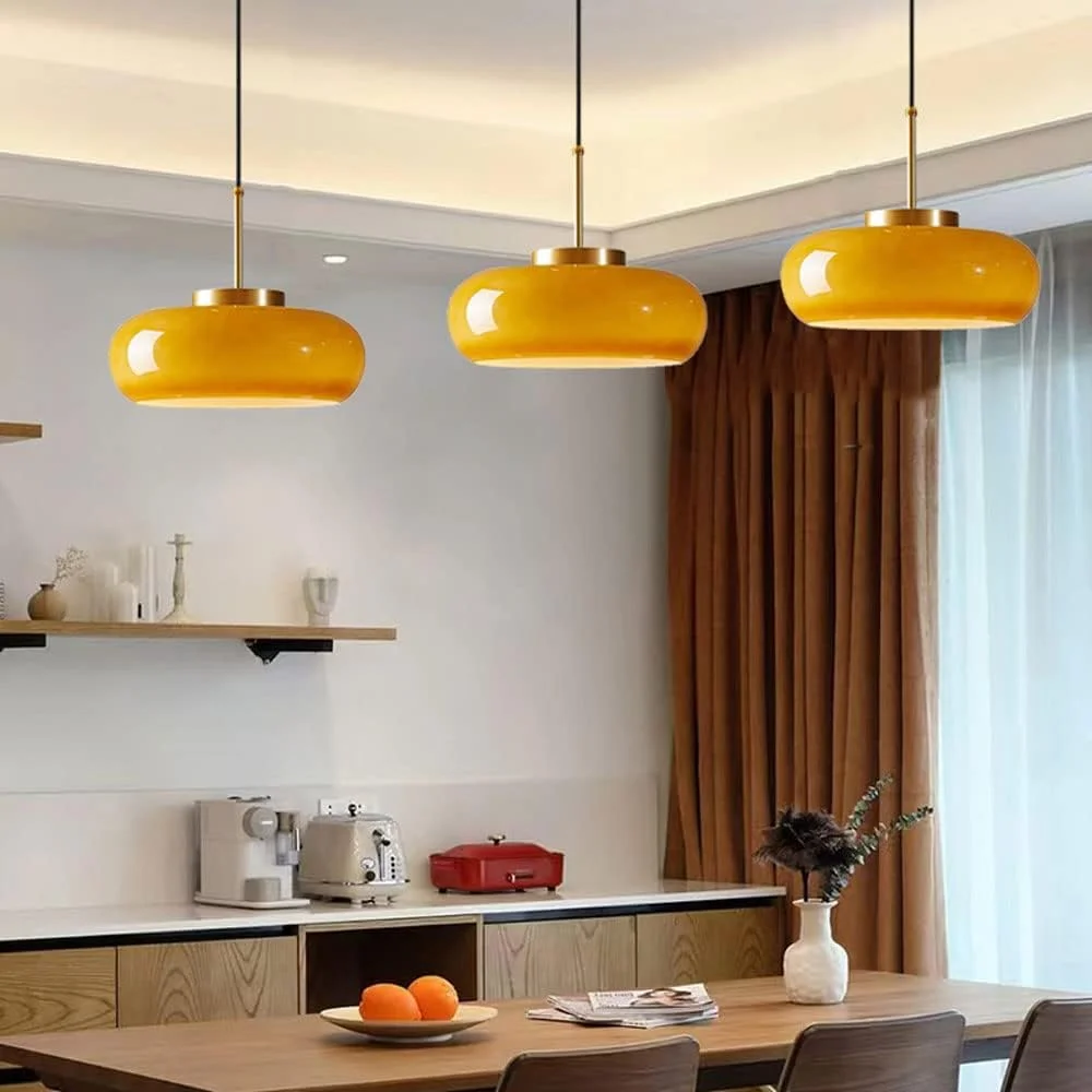 Arturesthome Ceiling Light Fixture Glass Lampshade Pendant Light with Brass Cover Amber Glass Hanging Lamp Vintage Yellow Glass Semi Flush Mount