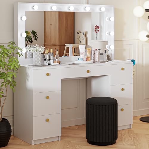 Boahaus Lyra LARGE Makeup Vanity Desk with Lights, 7 Drawers, Black Vanity Mirror with Lights Built-in, Drawer with Jewelry Divider, Power Outlet