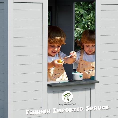 All Spruce Outdoor Kids Playhouse, Toddler Playhouse Wooden Playhouse for Kids Ages 3-10, with Sink, Stove, Flower Pot Holders, Phone