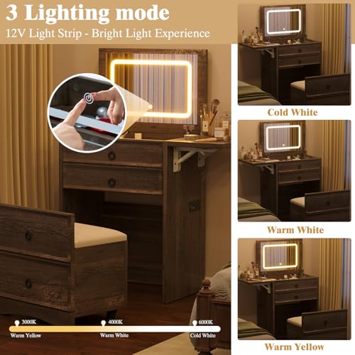 3-in-1 Vanity Set with LED Lighted Flip Top Mirror, Makeup Table with Fold-Up Panel, Hidden Stool, Charging Station