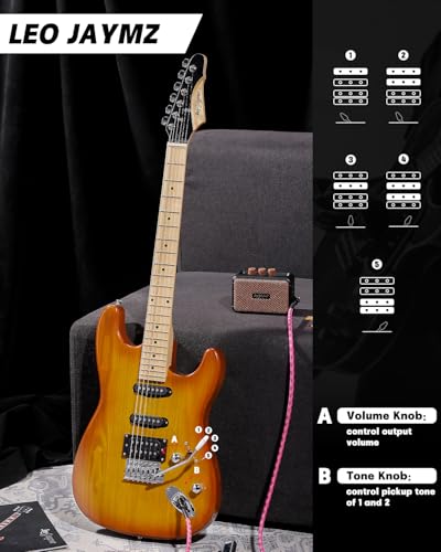 Leo Jaymz 39" Full Size ST Style Electric Guitar Starter Kit with SSH Pickup, 5W Portable Amp, Tuner, Gig Bag, Strap & Accessories (Violet Ocean)