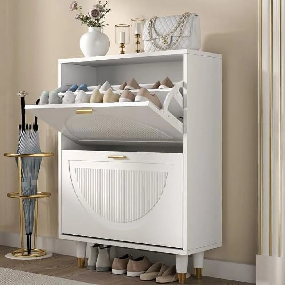 NLIBOOMLife Shoe Cabinet for Entryway Slim  Hidden Shoe  Cabinet White  Narrow Shoe Organizer with Doors  2 Flip Drawer Shoe Rack Cabinet with Doors