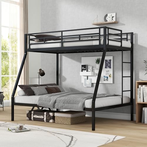 KOMFOTT Twin Over Full Bunk Bed with Trundle, Heavy-Duty Metal Bunk Bed Frame with Guardrail & 2 Ladders, Space-Saving Bunk Bed for Kids/Teens/Adults