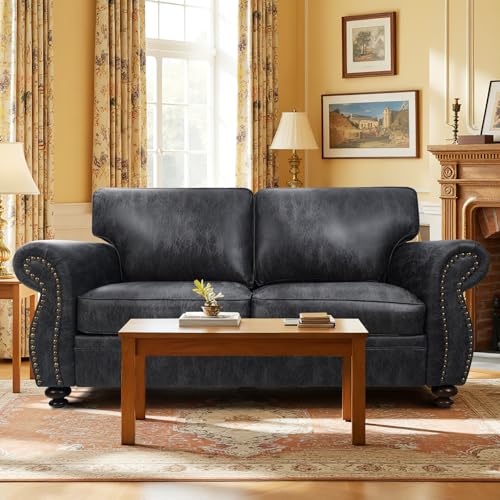 Mid-Century Vintage Sofa Couches with Rivet Design,3-Seater Sofa,Removable Sofa Cover Upholstered Cushions and Solid Wood Frame (Brown, 3-Seater)