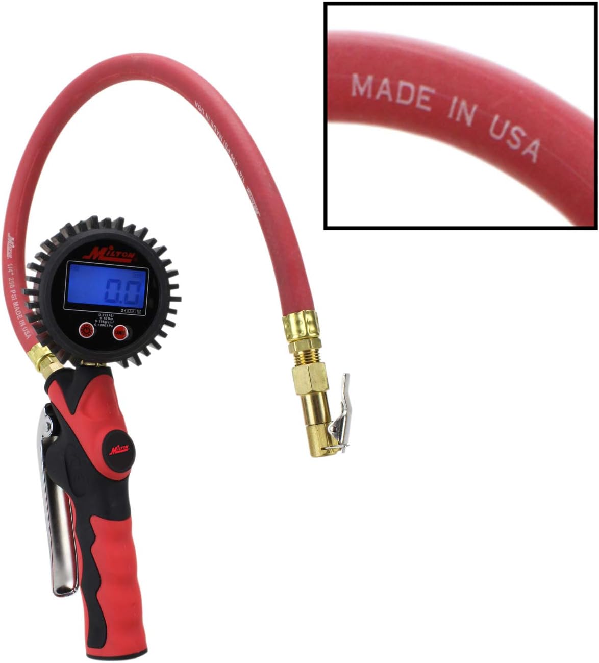 Milton Heavy-Duty Digital Tire Pressure Gauge and Inflator with Lock-on Chuck S-568, Easy to Read 0.1 Display, Pistol Grip Handle, 20” Hose