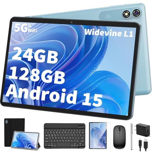 Android 15 Tablet with Keyboard, 26GB+256GB(2TB Expand), 10.1 Inch Tablet 8000 mAh Battery, BT 5.0, 5G WiFi, Widevine L1, Dual Camera