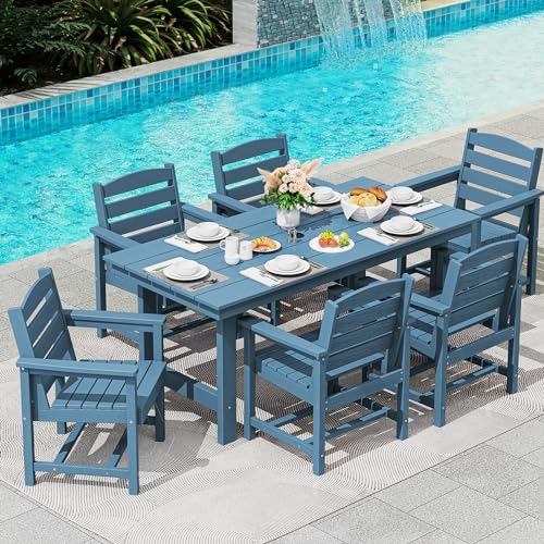 SERWALL Outdoor HDPE Dining Table Set, 7-Piece Outdoor Dining Table Sets with Umbrella Hole Cut-Out Table and 6 Chairs, Gray