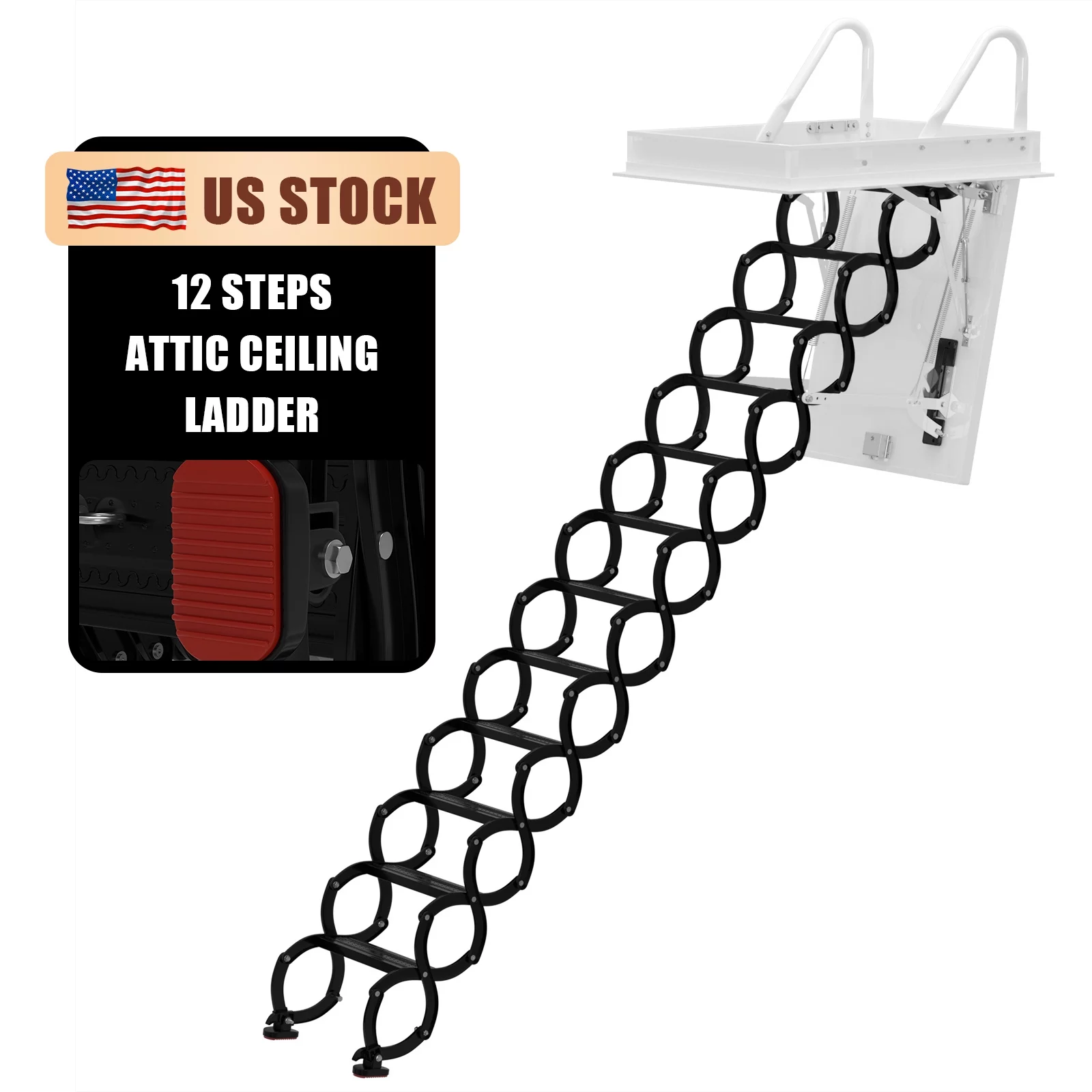 Motor Genic 12 Steps Black Loft Wall Folding Pulldown Attic Ceiling Ladder Stairs 39.4*27.6"