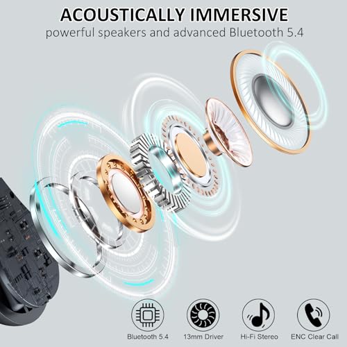 Wireless Earbuds, Bluetooth 5.4 Headphones Sports, 50H Playback Over-Ear buds with ENC Noise Cancelling Mic