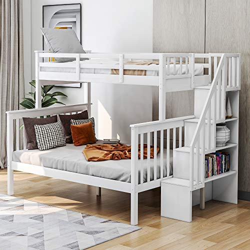 Ball & Cast Twin-Over-Twin Bunk Bed with Twin-Size Trundle and 3 Storage Stairs,Wood Bunkbed w/Full-Length Guardrails,Slat Support