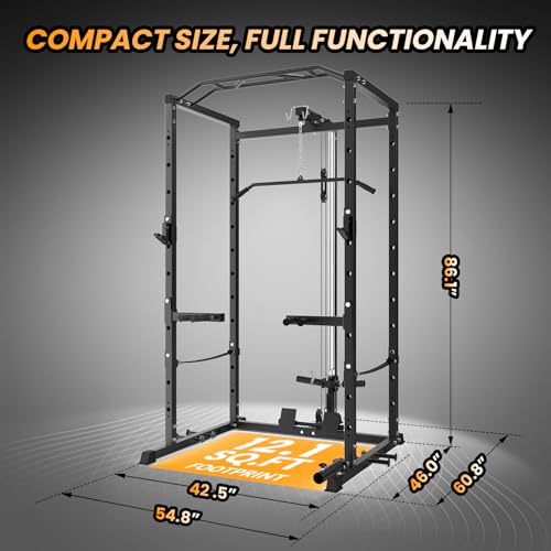 Power Cage with LAT Pulldown, Multi-Functional Power Rack with Cable Pulley System and J-Hooks, Squat Rack with Dip Bars and Landmine Attachment