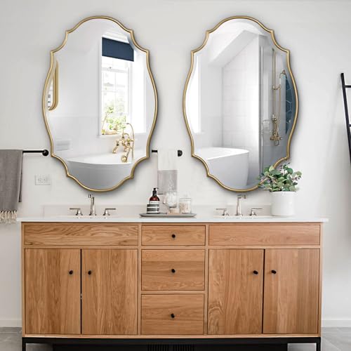Scalloped Oval Wall Mirror, 24“X36” Gold Bathroom Vanity Mirror, Ornate Decorative Mirror for Living Room, Washroom, Bedroom