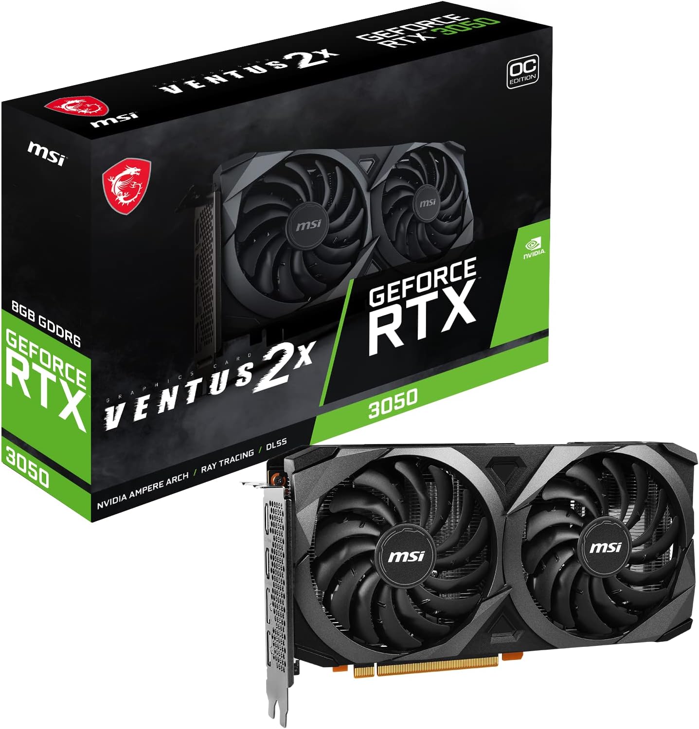 MSI Gaming GeForce RTX 3050 8GB GDRR6 128-Bit HDMI/DP PCIe 4 Torx Twin Fans Ampere OC Graphics Card (RTX 3050 Ventus 2X 8G OCV1)