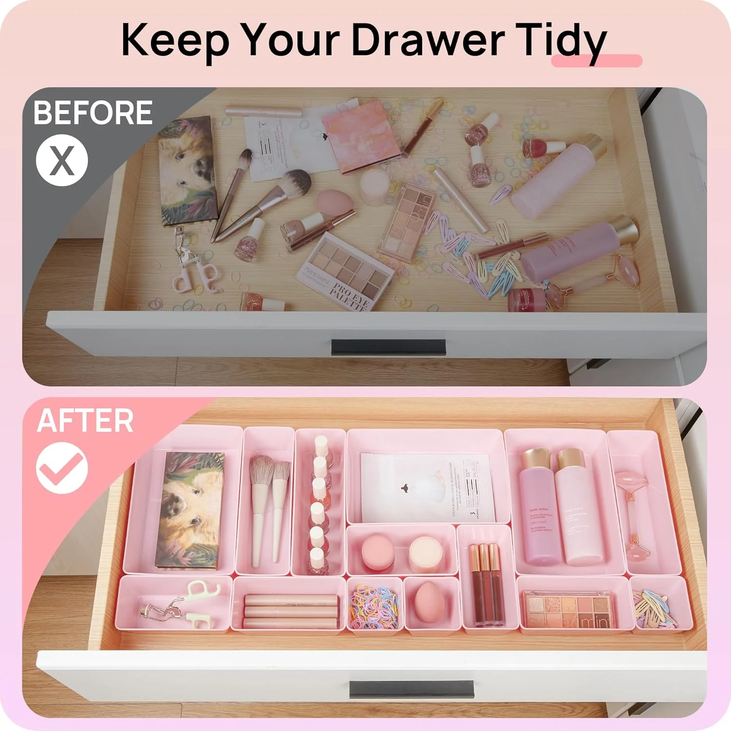 PrimeCook Shop 25 PCS Office Desk Drawer Organizers Set,4-Size Versatile Plastic Drawer Organizer Trays