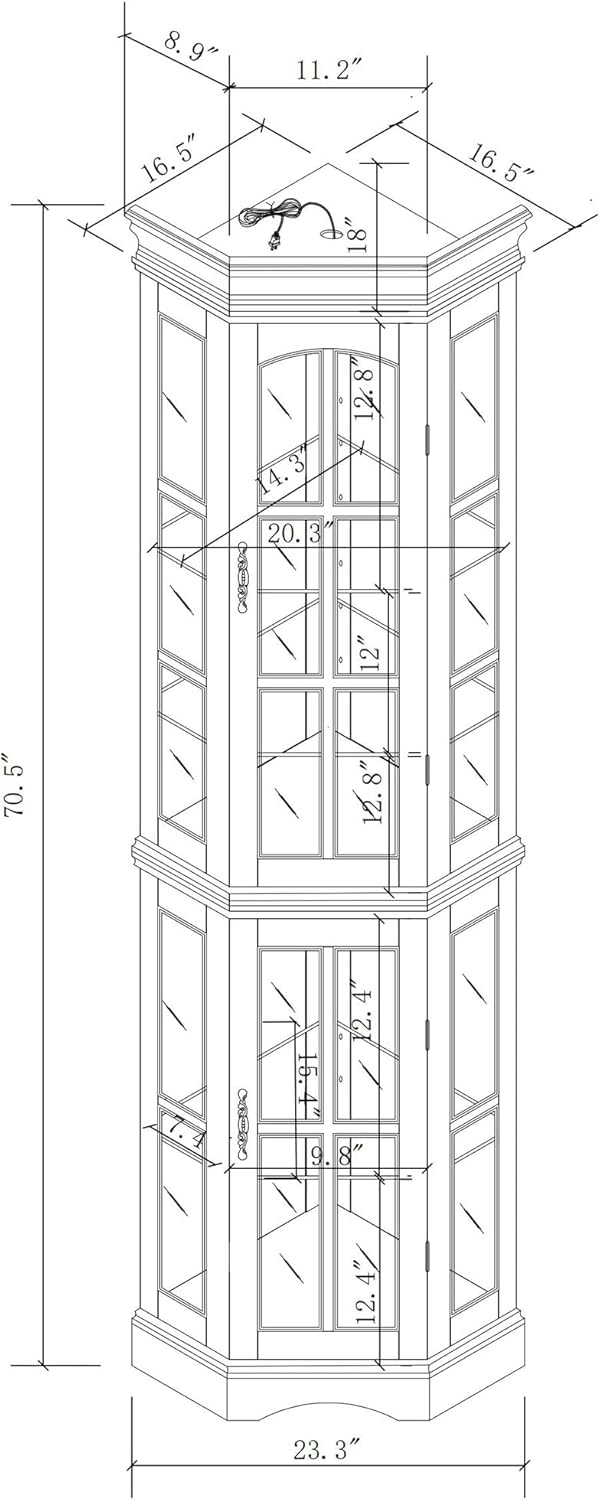 Curio Cabinets With Glass Doors, Corner Curio Cabinet with 5 Shelves and Lighting System, Display Cabinet with Glass Doors for Living Room, Home