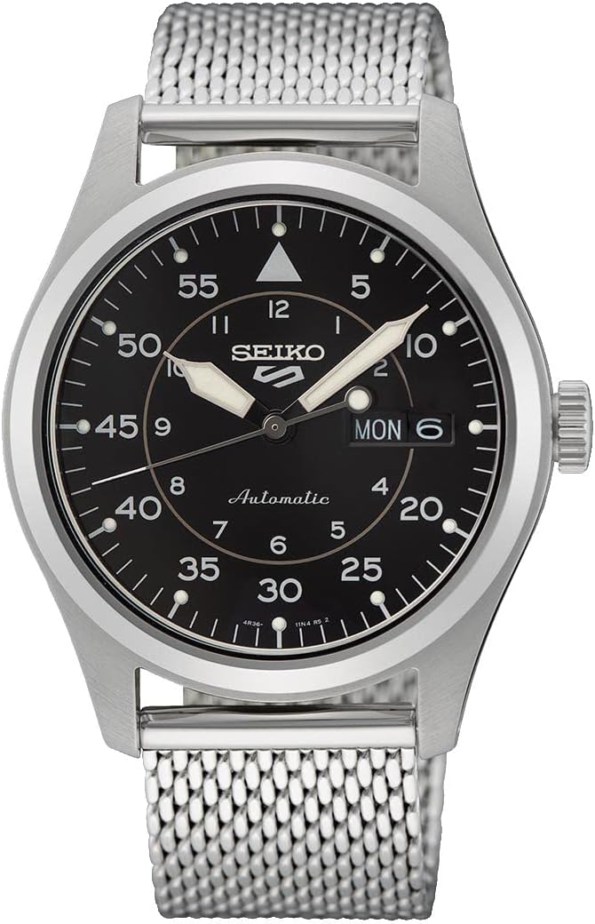 Seiko 5 Sports Flieger Stainless Steel Mesh Black Dial Automatic SRPH23K1 100M Men's Watch SIN Seiko 5 Sports Flieger Stainless Steel Mesh Black Dial