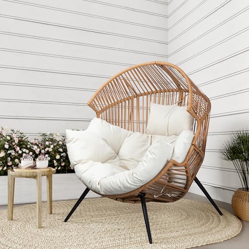 Shintenchi Wicker Egg Chair Outdoor Rattan Patio Chair with Cushion,Oversized Patio Lounge Chairs with Cushion Egg Basket Chair