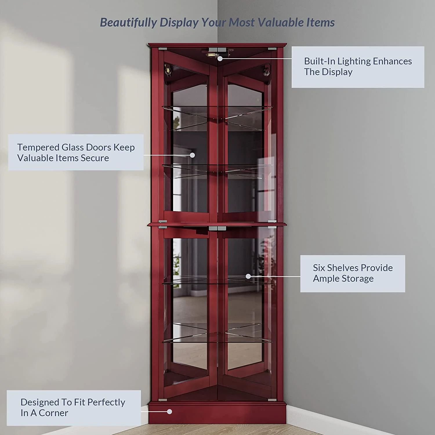 Lighted Corner Display Curio Cabinet Wooden Shelving Unit with Tempered Glass Door, Bar and Liquor Storage Area with 6 Shelves - Woody (Cherry)