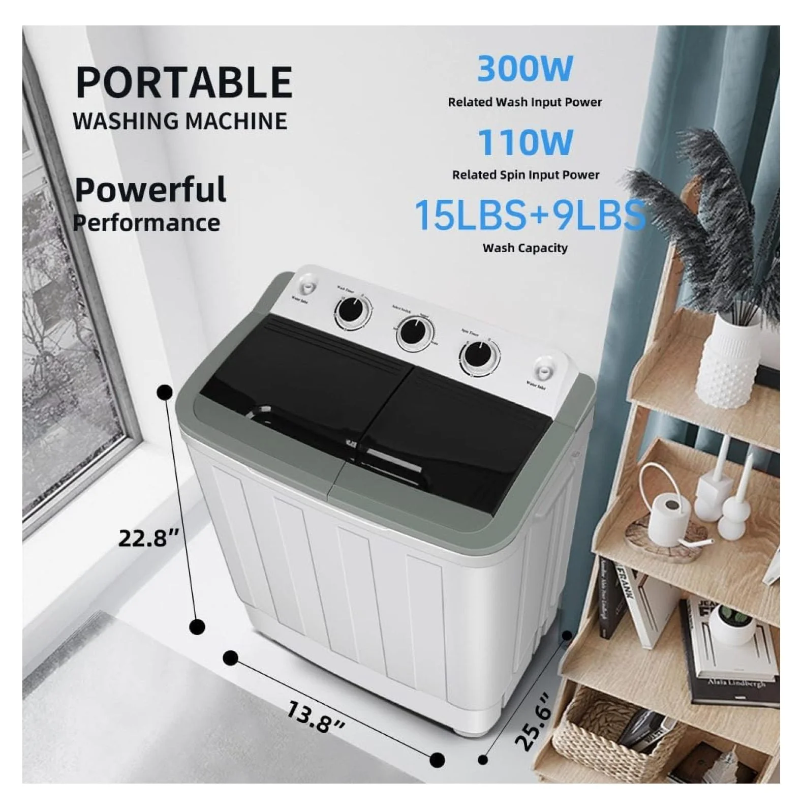 Portable Washing Machine 24lbs Mini Washing Machine Washer(15lbs)&Spiner(9lbs),Washer and Dryer Combo with Premium Metal Bucket for Apartments