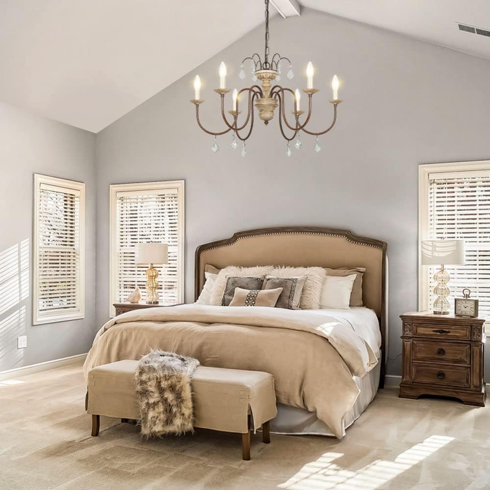 Oldiron 6 Light French Country Chandeliers, Rustic White Distressed Wood Rust Metal Candle Chandelier with Arc Arms and Crystal Pendant (28)