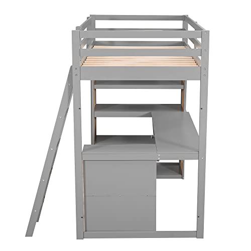 Twin Loft Bed with Staircase, Desk and Wardrobe, Wood Loft Bed with Storage Shelves and Safety Guardrail