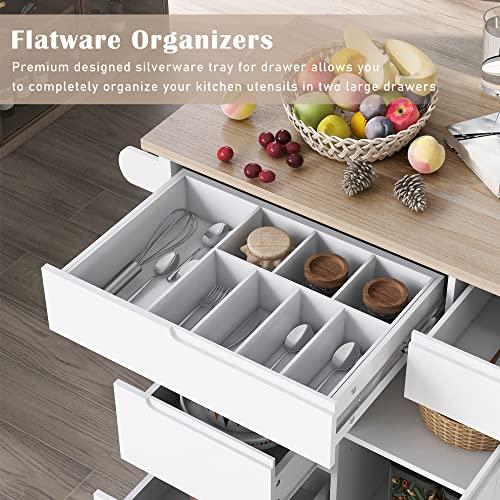 Woenei Kitchen Island Cart with Storage- Rolling Cart Buffet Sideboard with Drawers,Portable Wood Coffee Bar Cabinet,Mobile Island on 5 Wheels
