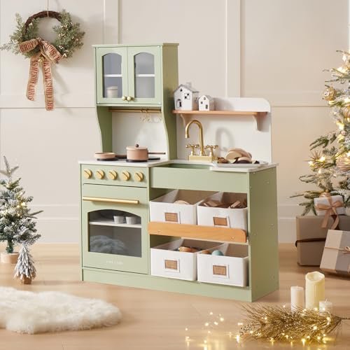 Tiny Land Play Kitchen for Kids with Enhanced Storage – Modern Toddler Kitchen Playset with Stove, Sink & Accessories, Organized Wooden Toy Kitchen