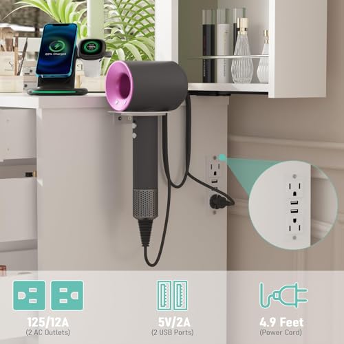 Likein Vanity Desk with Mirror and Lights, White Vanity with Jewelry Storage Cabinet, Makeup Dressing Table with 11 Drawers, Charging Station
