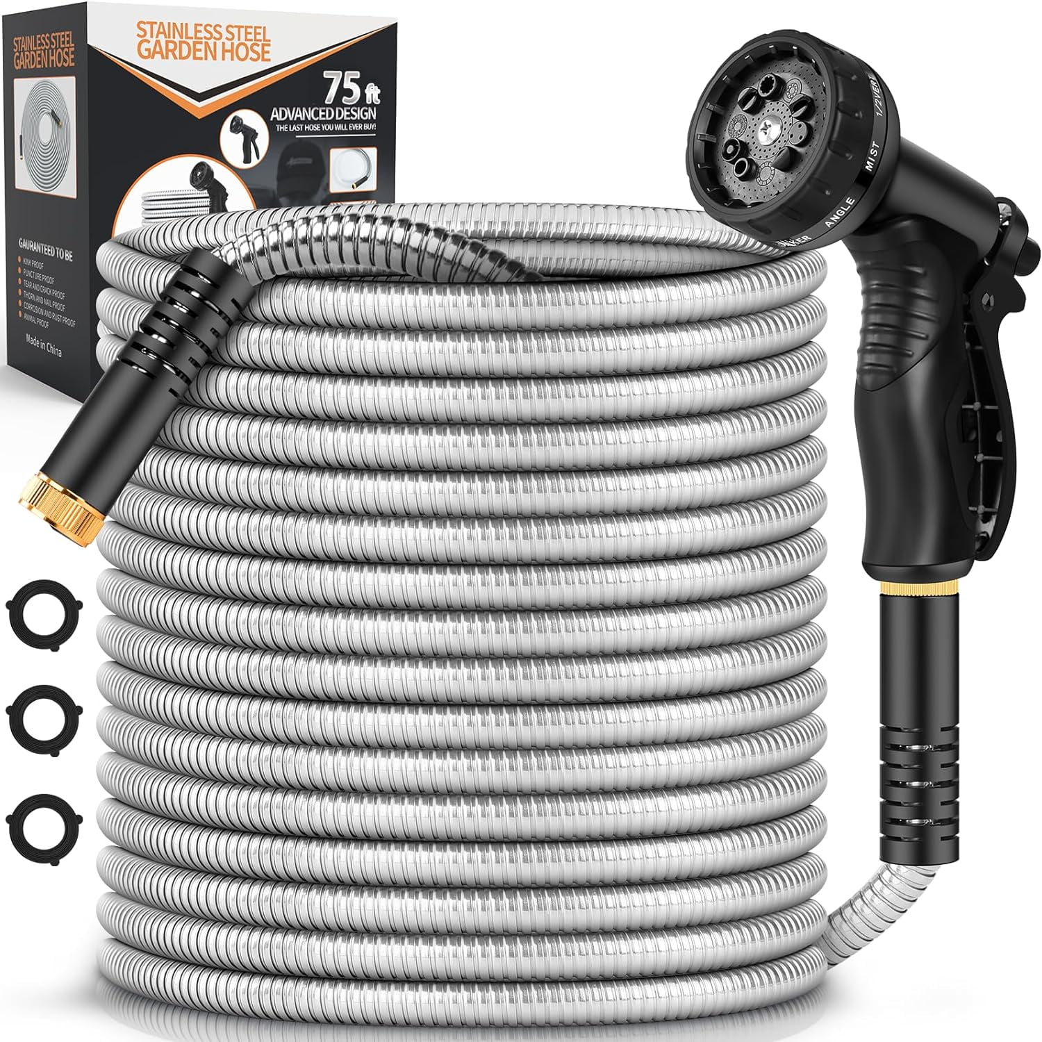 Metal Garden Hose 100FT, Stainless Steel Heavy Duty Water Hose With 10 Function Nozzle, No-Kink, Tough & Flexible, Sturdy and Lightweight