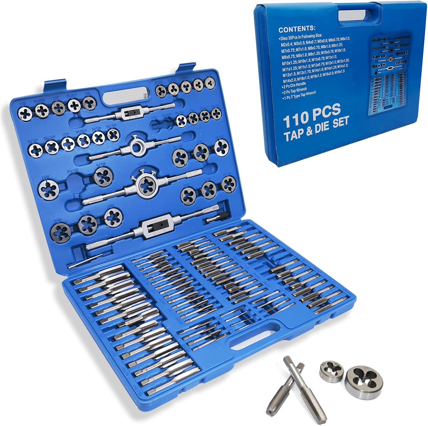 EilxMag 110PCS Hardened Alloy Steel Metric Tap and Die Rethreading Tool Set - Cutting External & Internal Threads with Storage Case (Pakage)