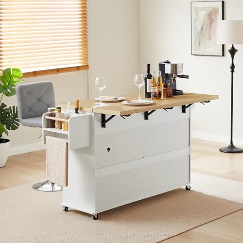 60" Kitchen Island with Power Outlet & Drop Leaf, Kitchen Rolling Island with Spice Rack & Towel Rack, Knife Holder