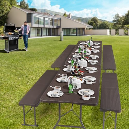 VINGLI Picnic Table Set with 2 Benches, 6 Feet Camping Table Chair Set,3-Piece Folding Furniture for Indoor or Outdoor Use, Smooth Tabletop, White