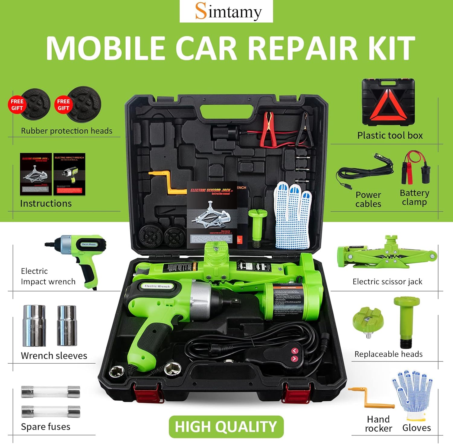 Simtamy Electric Car Jack Kit 3 Ton(6,600lb) 12V Scissor Jack with Electric Impact Wrench, Portable Emergency Car Lift Tire Change Tools