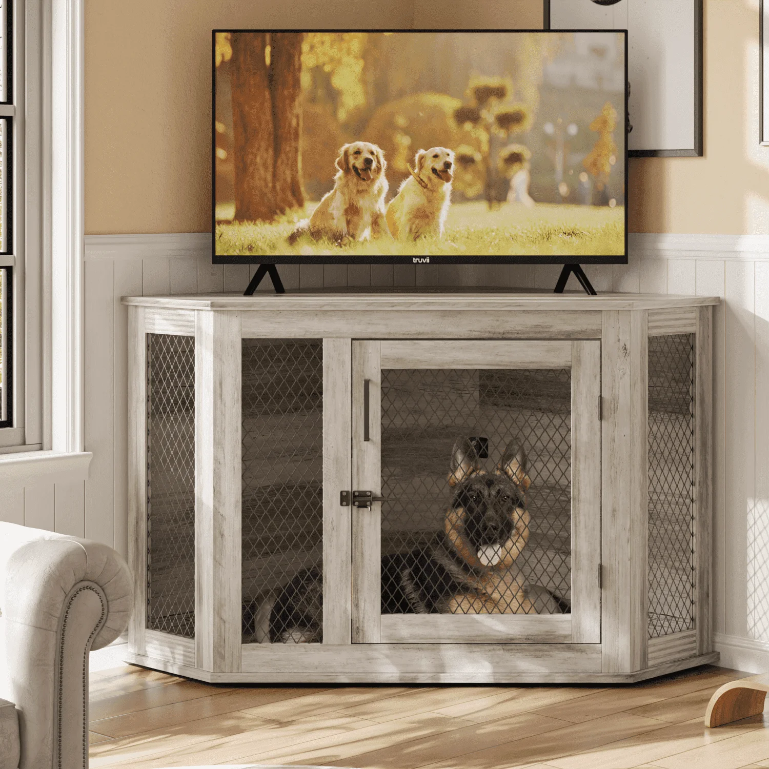 Bossin 44"Corner Dog Crate Furniture，Wooden Dog Kennel Indoor Furniture，Decorative Dog Crate