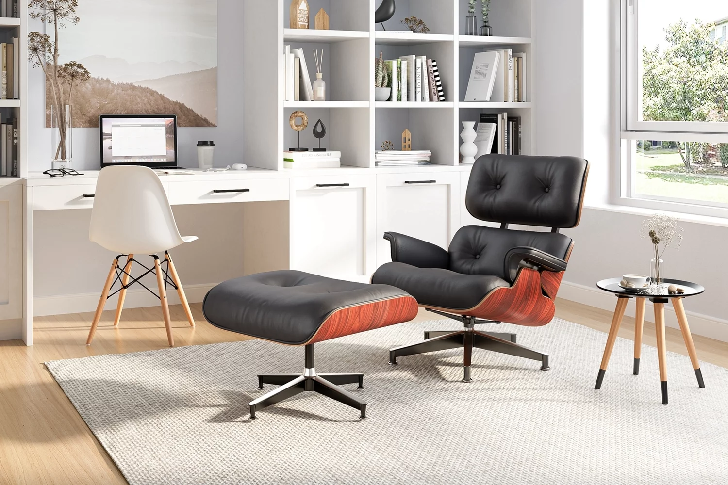 Mid Century Accent Chair with Ottoman Recliner Lounge Chair Upholstered Modern Armchair w/Dark Rosewood Frame,Metal Legs,Black