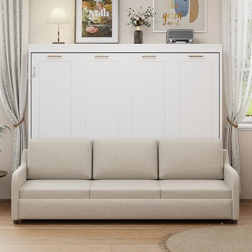 Queen Size Murphy Bed with Sofa, Shelves, USB & Light, Can be Folded Wall Bed and Tall Cabinet with Glass Doors& Wine Rack
