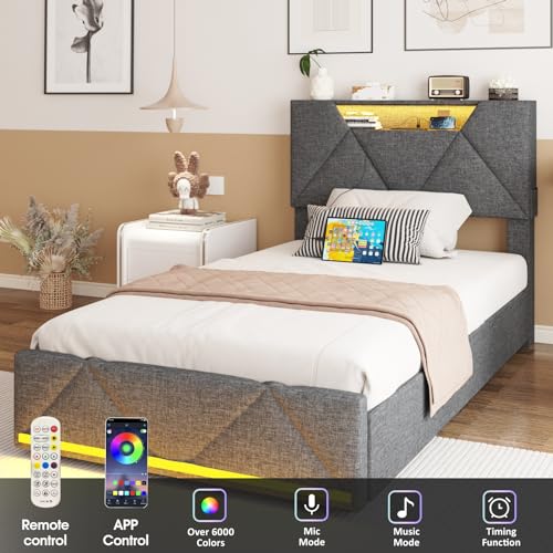 Vabches Queen Bed Frame with Storage Headboard and 4 Drawers,Upholstered Platform with Charging Station and Led Lights,Adjustable Headboard