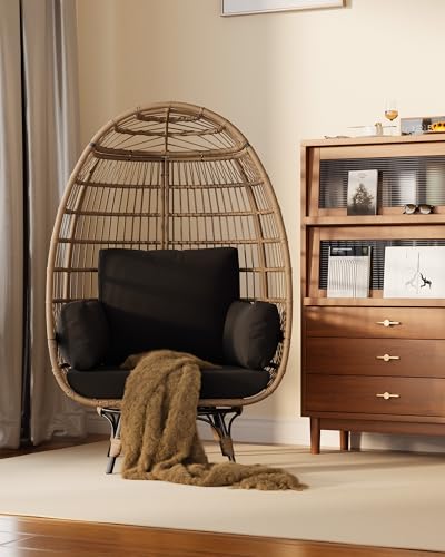 Oversize Wicker Egg Chair with 4 Comfy Cushions, Big Egg Shaped Lounger with Ottoman, Rattan Reading Chairs for Indoor Outdoor Patio Porch Backyard