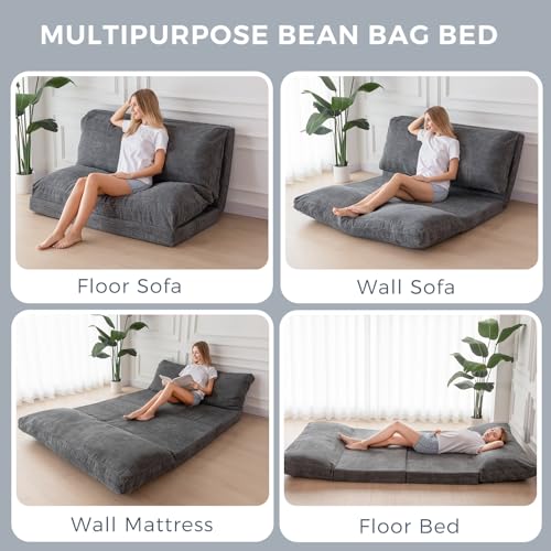 MAXYOYO Bean Bag Bed Folding Sofa Bed Floor Mattress for Adults, Extra Thick and Long Floor Sofa with Corded Washable Cover, Dark Grey, 30x95 Inch