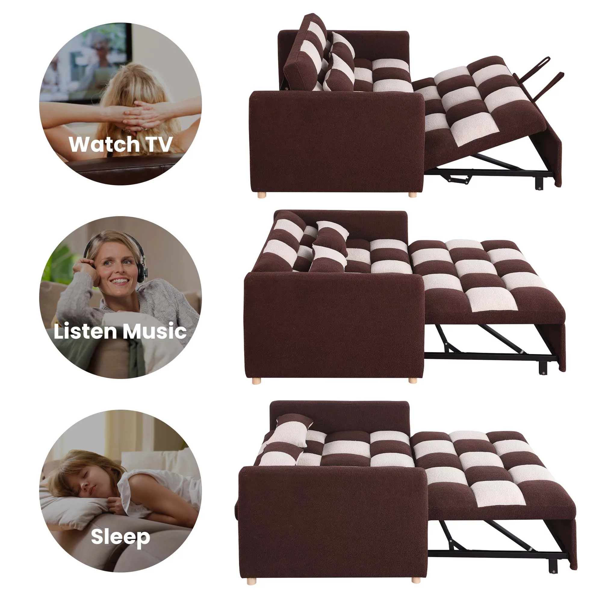 Zechuan 3 in 1 Pull Sleeper Sofa Bed, Small Teddy Convertible Futon Couch Bed with Adjustable Backrests, Modern Loveseat with 2 Pillows
