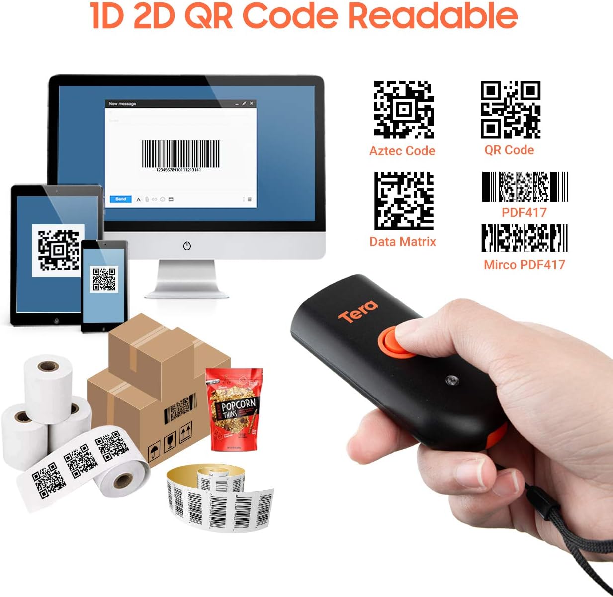 Tera Wireless Barcode Scanner, Waterproof Shockproof Mini Pocket 2D Scanner